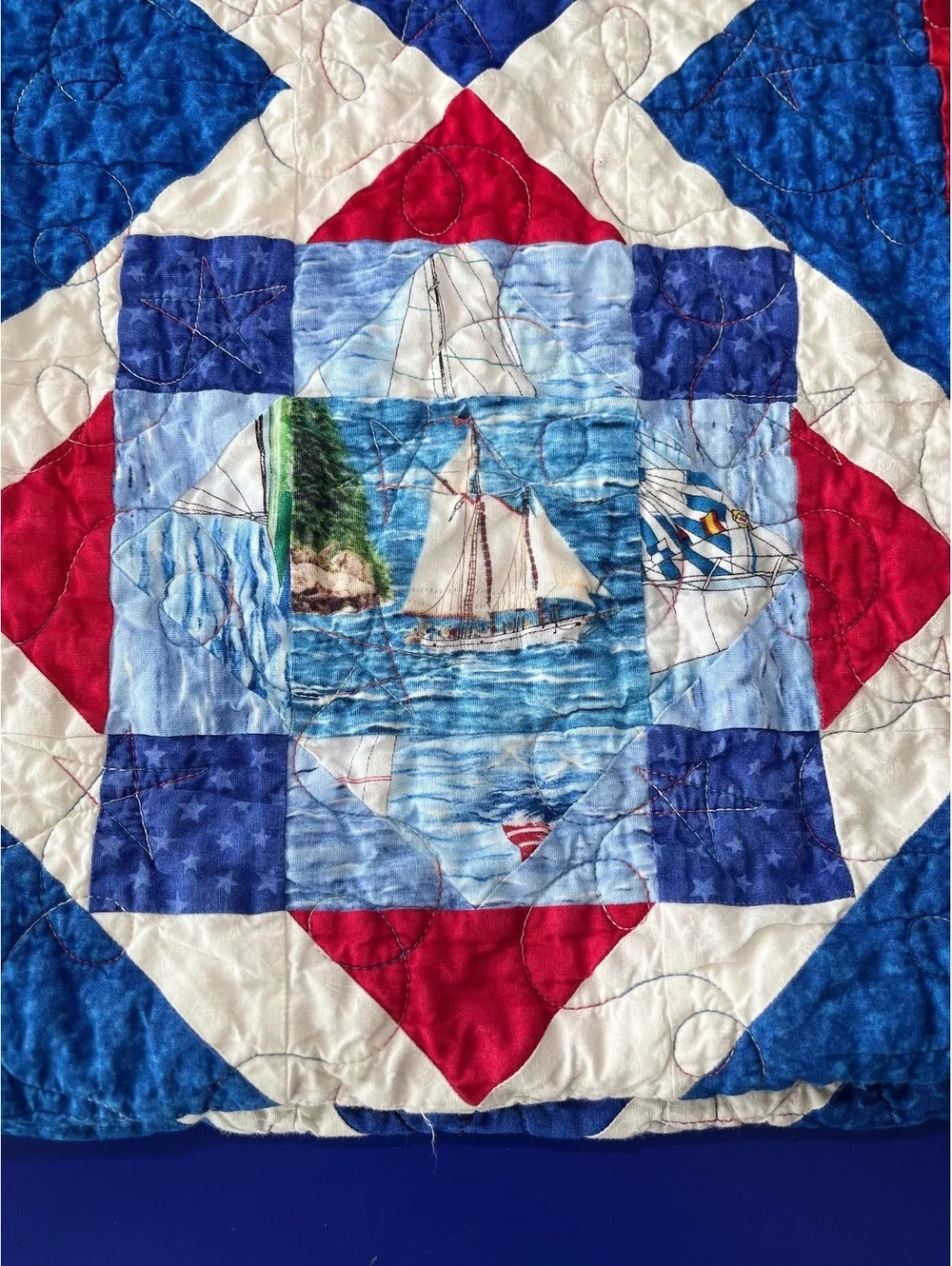 Handmade Nautical Themed Quilt w Sailboat & Lighthouse Blocks Red Blue 54” x 44”